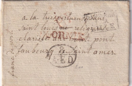 LETTRE. 1828. BELGIQUE. DOORNIK(rouge) PAYS-BAS PAR LILLE. 8/A-E-D. FRANCO DE PORT. TOURNAY POUR ST OMER - 1815-1830 (Dutch Period)