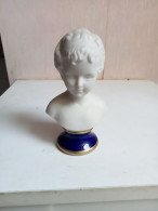 Buste En Biscuit Visage D’enfant , Socle Bleu De Cobalt Liseré Or - Jugendstil / Art Déco