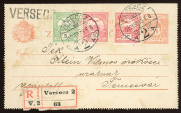 VERSEC 1912. Ajánlott, Kiegészített Zárt Díjjegyes Levlap Temesvárra - Used Stamps