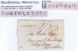 Ireland  Antrim 1836 Masonic Cover To Dublin Prepaid "1/8" Double, With POST-PAID And Matching PORTGLENONE - Voorfilatelie