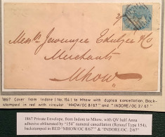 Scarce INDORE + 154 Duplex 1867 (state Of Madhya Pradesh India)on Queen Victoria Cover>Mhow (cover Lettre Indian States - 1858-79 Compañia Británica Y Gobierno De La Reina