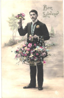 CPA Carte Postale France Fantaisie Bon Souvenir:  Un Jeune Homme Et Son Panier Fleuri VM72765 - Hommes