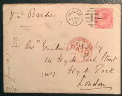 Superb BOMBAY 1870+"1" On Queen Victoria 8 Annas Cover>London, Great Britain Via Brindisi, Italy  (Hyde Park Inde Lettre - 1858-79 Kronenkolonie