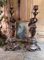 Anciens Bougeoirs Chandelier Régule Angelots Cupidon Anges / Candlestick - Chandeliers, Candelabras & Candleholders