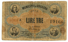 3 LIRE BIGLIETTO FIDUCIARIO MUNICIPIO DI VOGHERA Bb Carta Naturale LOTTO 1928 - Sonstige & Ohne Zuordnung