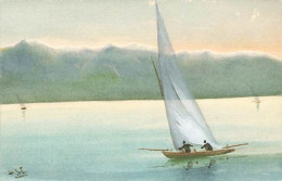 Carte Peinture Originale Signée H.W. Barque Sur Le Lac Léman Vevey - Vevey