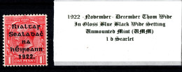 1922 November - December Thom Wide In Shiny Blue Black Wide Setting 1 D Scarlet Unmounted Mint (UMM) - Neufs