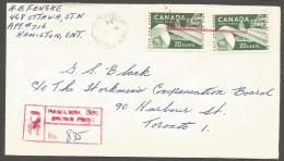 1954 Registered Cover 40c Paper CDS Hamilton Crown Point To Toronto Ontario - Storia Postale