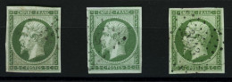 3 Superbes Exemplaires Du 5c (n°12) Avec Nuances Différentes (vert Sur Jaunâtre, Vert Sur Verdâtre, Vert-jaune Sur Vert  - 1853-1860 Napoléon III.