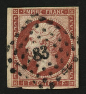FAUX SPERATI : 1F Empire (n°18) Faux SPERATI (type G) Obl. PC 83. Filet Effleuré. Timbre Controlé Par SCHELLER. TB. - 1853-1860 Napoléon III.