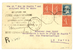 POSTE AERIENNE : 1928 10F S/ 1F50 PASTEUR (n°4) Surcharge Position 36 + 50c Semeuse (x3) Obl. NEW-YORK AU HAVRE D Sur En - Andere & Zonder Classificatie