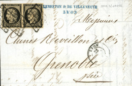 1849 Superbe Paire Du 20c Noir Sur Jaune (n°3) Obl. Grille + T.15 LYON Sur Lettre. TTB. - 1849-1850 Cérès