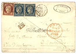 "Destination URUGUAY" : 1852 1F Carmin (n°6) TTB Margé + Paire 25c CERES (n°4) Pd Obl. GRILLE SAND FIN + PARIS (G) 60 Su - 1849-1850 Cérès