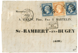 1862 20c (n°14) X2 + 40c (n°16) Obl. Cachet D' Essai 1818 BATONS Sur Lettre De LYON Pour ST RAMBERT. Combinaison Excepti - 1853-1860 Napoléon III