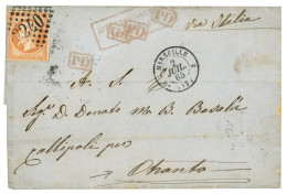 1865 40c (n°23) Obl. GC 2240+ T.15 MARSEILLE + AFFRANCHISSEMENT INSUFFISANT Annulé Par 4 Cachets PD Rouge + "VIA ITALIA" - 1863-1870 Napoleon III With Laurels