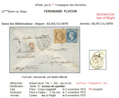 BALLON Pour L' ILE DE WIGHT : 10c (n°28) + 20c (n°29) Obl. Etoile 31 + PARIS 2 Nov 70 Sur Enveloppe Pour COWES ISLE OF W - Krieg 1870