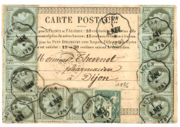 1c CERES (n°50) 2 Bandes De 4 + Une Paire + 5c SAGE (n°64) Obl. Convoyeur AUTUN /A.NEV Sur Carte PRECURSEUR. RARE. Super - 1871-1875 Cérès