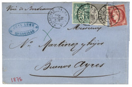 1876 80c CERES (n°57)+ SAGE 5c (n°64) + 15c (n°66) Obl. MARSEILLE Sur Lettre Pour L' ARGENTINE. Certificat ROUMET (2002) - 1871-1875 Ceres