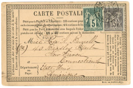 CARTE PRECURSEUR Pour Les ETATS-UNIS : 1877 SAGE 5c (n°75) + 15c (n°77) Obl. PARIS Qr NOTRE DAME Sur CARTE PRECURSEUR (l - 1876-1898 Sage (Type II)