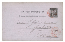 ALLEMAGNE BUSSANG En Rouge : 1880 Entier 10c SAGE Daté BUSSANG Obl. Cachet D' Entrée ALLEMAGNE BUSSANG En Rouge Pour GUE - 1876-1898 Sage (Tipo II)