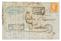 1864 40c (n°23) Obl. ANCRE + Cachet Paquebot PHASE 8 Avril 65 + AFFRANCHISSEMENT INSUFFISANT + Taxe 8 + PIROSCAFI POSTAL - Schiffspost
