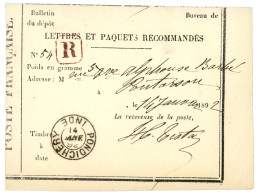 INDE : 1892 INDE PONDICHERY + R Des RECOMMANDES Sur Bulletin De DEPOT Pour La FRANCE. TTB. - Altri & Non Classificati