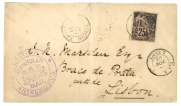 MADAGASCAR :1887 CG 25c + BRITISH CONSULAR MAIL ANTANANARIVO + LIGNE T PAQ FR N°3 Sur Enveloppe Pour LISBONNE (PORTUGAL) - Sonstige & Ohne Zuordnung