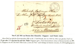 1861 BREMEN TH & TX + P.P. + 25 Tax Marking On "OVERLAND MAIL Via MARSEILLE" On Entire Letter With Text To SALATIGA NETH - Sonstige & Ohne Zuordnung