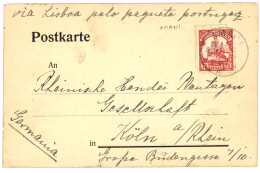 WAR TIME : 1916 7 1/2h Canc. AMANI + "VIA LISBOA P. PAQUETE PORTUGEZ" On Commercial Card To KOLN. Vvf. - África Oriental Alemana