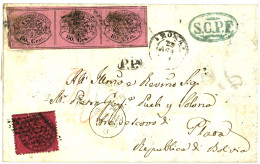 PAPAL STATES To BOLIVIA : 1868 80c Strip Of 3 (faults) + 20c On Cover From ROMA To PLATA (BOLIVIA). Recto, British Cds C - Papal States