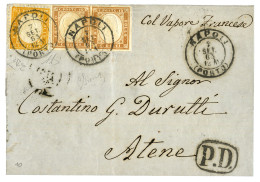 1863 SARDINIA Pair 10c With Large Margins + ITALY 80c Perf. Canc. NAPOLI On Cover To ATHENES (GREECE). Rare Combination. - Sardegna