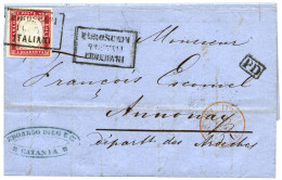 1863 SARDINIA 40c With 4 Large Margins Canc. Boxed PIROSCAFI POSTALI ITALIANI On Entire Letter From CATANIA (SICILY) To  - Sardinië