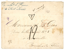 MAURITIUS : 1877 CONSULAT DE FRANCE à PORT-LOUIS In Blue + T + 12 Tax Marking On Envelope (faults) To FRANCE. Scarce. F/ - Mauricio (...-1967)