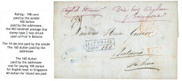 1850 Boxed LANDMAIL / PORT In Blue + "Via SUEZ - CEYLAN & SINGAPORE" + BORDEAUX In Red + P.P On Entire Letter With Text  - Netherlands Indies