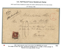 BATAVIA : 1869  10c (n°1)  Touched At Top Canc. Half Round BATAVIA /FRANCO + 10 Tax Marking On Envelope (insufficient Po - Netherlands Indies