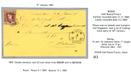 RIOUW : 1869 10c (n°1)  Canc. Half Round RIOUW /FRANCO On Envelope (name Erased) To BATAVIA. Only 4 Letters Know. VLEEMI - India Holandeses