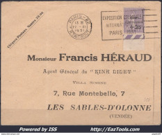 FRANCE N° 276 SEUL SUR LETTRE DE PARIS POUR LES SABLES D'OLONNE DU 12/11/1931 - Cartas & Documentos