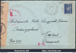 FRANCE N° 521A SEUL SUR LETTRE POUR LE DANEMARK DU 21/01/1944 + CENSURE - Covers & Documents