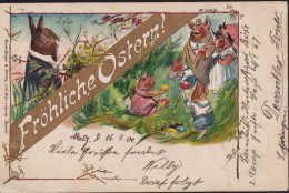Gest. Ostern Hasen Glücksschweine 1900, Briefmarke Entfernt, Eckbeschädigung Unten Links - Pâques