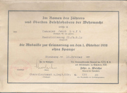Verleihungsurkunde Erinenrungsmedaille 1. Oktober 1938 Ohne Spange, Nürnberg 1939 - Non Classés