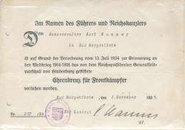 Verleihungsurkunde Ehrenkreuz Für Frontkämpfer, Mergentheim 1934 - Ohne Zuordnung