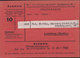 Ausweis Volksabstimmung 1938 Landsberg/Warthe - Zonder Classificatie