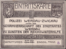 Eintrittskarte Zum Bunten Abend Der Polizei Werdau-Zwickau Zu Gunsten Des Winterhilfswerkes 13. Januar 1934, Mittelknick - Unclassified