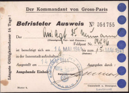 Befristeter Ausweis Berechtigt Zum Aufenthalt Im Zentrum Von Paris 1941 - Unclassified