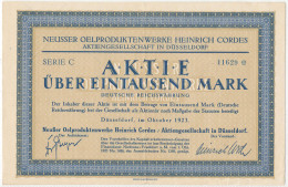 3 Stck. Aktien Neusser Oelproduktenwerke Heinrich Cordes Düsseldorf 1000 Mark, 1923 - Other & Unclassified