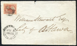 1855 Envelope, Montreal (JU 5) To Ottawa With A 3d On Thin Wove Paper (large Even Margins), Tied By A Concentric Rings C - Otros & Sin Clasificación