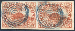 1857 3d Red 'Beaver' Horizontal Pair With Small To Large Margins, Both With Bluish Black Target Cancel. Fine. SG.18. (2) - Sonstige & Ohne Zuordnung