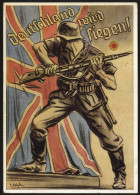 1930's Propaganda Feldpost Card Depicting Soldier Battering Union Jack With His Rifle Butt, Pencil Message Across The Ba - Other & Unclassified