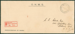 1935 O.H.M.S Long Cover Reg To USA, Bearing 'NAURU/CENTRAL PACIFIC' C.d.s, Red Nauru Reg Label With Melbourne & Detroit  - Andere & Zonder Classificatie
