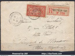 FRANCE TYPE MERSON N° 119 SEUL SUR LR POUR MONACO CAD TRESOR ET POSTES 190 DU 04/04/1918 - Cartas & Documentos